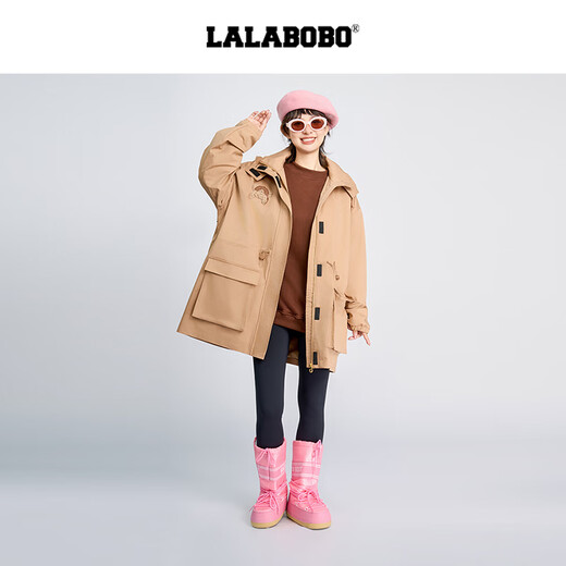 LALABOBO立体小熊中长连帽风衣女美拉德秋季新款宽松外套LBDC-WSDW12 咖色 常规 S