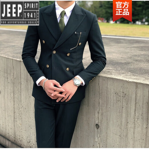 Jeep (JEEP) Light Luxury GH Casual Black Double-breasted Suit Korean Style Business Formal Suit Host Slim Suit Trendy Men Solid Color Dark Green 2XL 54 Two-piece Set