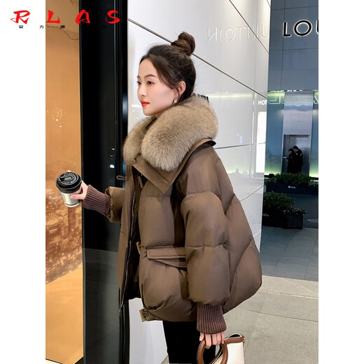 RLAS Chaqueta Corta De Plumas Mujer 2026 Invierno Nuevo Estilo Moda Y Versátil Chaqueta con Cuello De Piel Grande De Plumas De Ganso Blanco para Personas Pequeñas Marrón Lujosa Piel De Zorro S 160