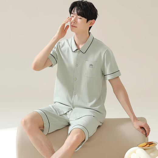 爱芬柔睡衣男士夏季纯棉短袖家居服青少年夏天休闲简约薄款外穿大码套装 12808JYR L 体重100-120斤