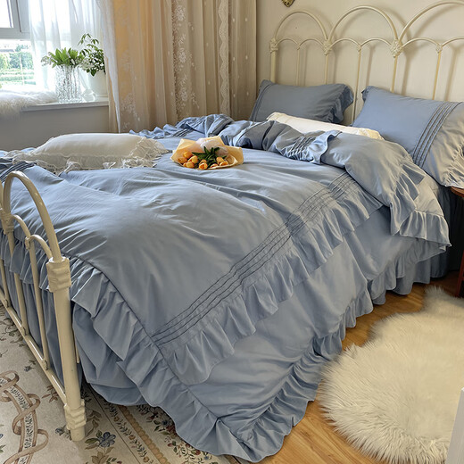 Segana bed skirt four-piece set bed sheet four-piece set simple princess style double lace quilt cover four season bedding Anna-Haze Blue 1.0m sheet three-piece set quilt cover 150cm*200