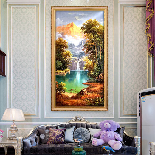 帝旗 手绘山水油画聚宝盆金山装饰画欧式玄关装饰画走廊过道挂画风景 692金实木框 90X180