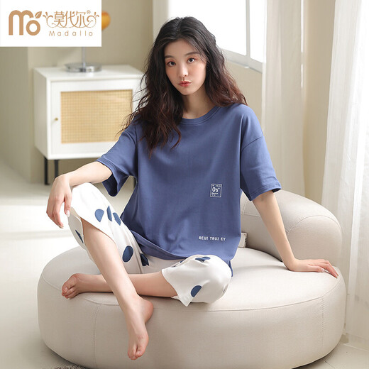 Modal Pyjamas für Frauen im Frühling und Sommer reines Baumwoll neue dünne kurzärmelige Hosen für Sommer-Frauen-Hauskleidung Lose großer HJF684-Gray-Blau-Cotton XL (Gewicht 120-140jin [Jin gleich 0,5 kg]))