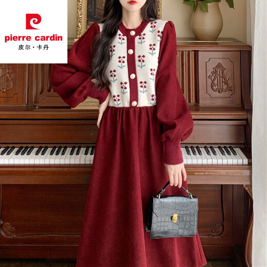 Pier Cardin Strick Cordinoy verdickte Kleid im Herbst und Winter Neue große Größe Frauenkleidung Fett MM Slim Red Innenschicht mit einer langen Basis schwarz #6198 m Empfohlen 105 Jin [Jin entspricht 0,5 kg]