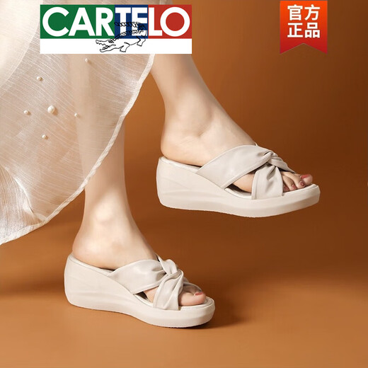CARTELO high-end casual thick-soled leather slippers for women wearing 2025 summer new wedge soft-soled high-heeled sponge cake sandals off-white 38
