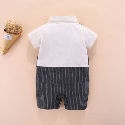 Dora Mag baby one-piece male baby gentleman's clothes spring and autumn baby one-month-old dress newborn baby one-year-old dress heather gray (summer thin fake two pieces) 6M recommended for about 6 months