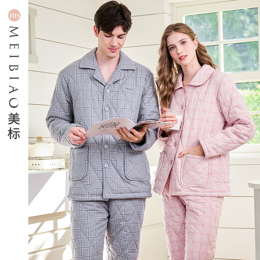 American Standard's new couple's three-layer quilted thermal pajamas for women winter all-cotton quilted padded clothes plaid can be worn outside home clothes for men Taro powder XL