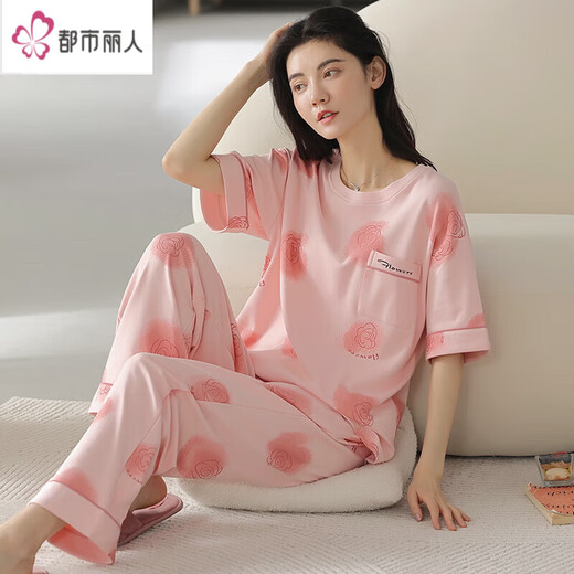 Urban beauty weaving pajamas for women in summer pure cotton short-sleeved trousers thin cotton summer women's home clothing suit spring and autumn YZT9712 main picture short-sleeved trousers M 80-100Jin [Jin equals 0.5 kg]