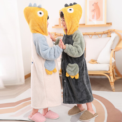 Children's pajamas autumn and winter bathrobe coral velvet lengthened to ankles thickened flannel dinosaur boys and girls home clothes small dinosaur hooded dark green thickened coral velvet 160