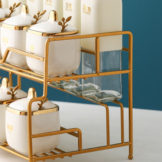 Ruishun kitchen seasoning box ins style condiment storage box full set of household seasoning jar oil salt sauce vinegar set 8 square jar 6 bottles + gold rack + spoon milky white style