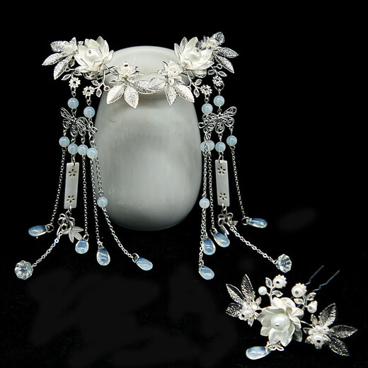 Handmade antique style hairpin for women, tassel Hanfu headdress, hair accessories, copper hair crown Qingyan copper hair crown + tassel hairpin pair, ready stock