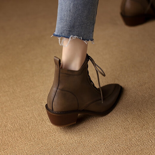 Asacho Top Layer Cowide Speced Toe Dicke Ferse kurze Stiefel für Frauen im Herbst und Winter kurzer Schnür-up britischer High Heel Nacktstiefel Mode Lederstiefel für Frauen Khaki 36