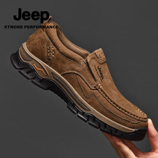 JEEP Jeep first-layer cowhide casual shoes for men in autumn and winter new soft-soled hiking shoes one-legged lazy casual business leather shoes khaki foot style standard leather shoe size 41 (255mm)