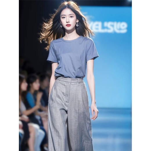 Oudihui (Oudihui) 2025 this year's popular casual pants women's summer match with a whole set of clothes, light-maturity wide-leg pants two-piece suit, blue suit, L
