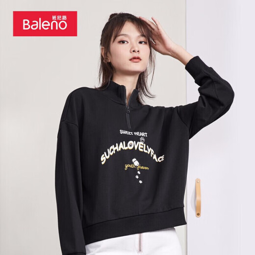 Baleno sweatshirt black letter print stand collar half zipper sweatshirt sports casual jacket 00A pure black S
