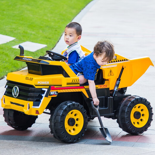 Hand in hand two-seater children's car electric dump four-wheel toy car can sit a person remote control male and female off-road vehicle engineering vehicle yellow four-wheel drive + electric dump + leather seat + swing