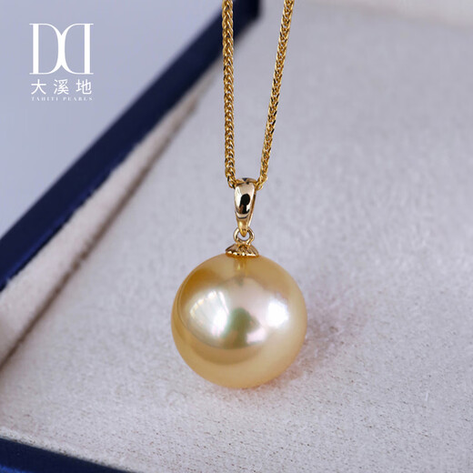 Tahiti 18K gold seawater pearl pendant, round strong light South Sea gold bead necklace, grade A/gold beads 12-13mm +925 silver chain
