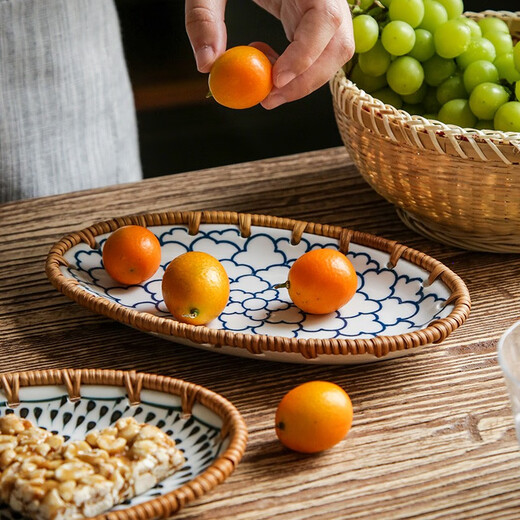 Zhenxiqi Tea Tray Chinese Dessert Tray Ceramic Rattan Fruit Tray Snack Tray Dry Fruit Tray Snack Tray Fruit Tray Small Sauce Ceramic Fruit Tray