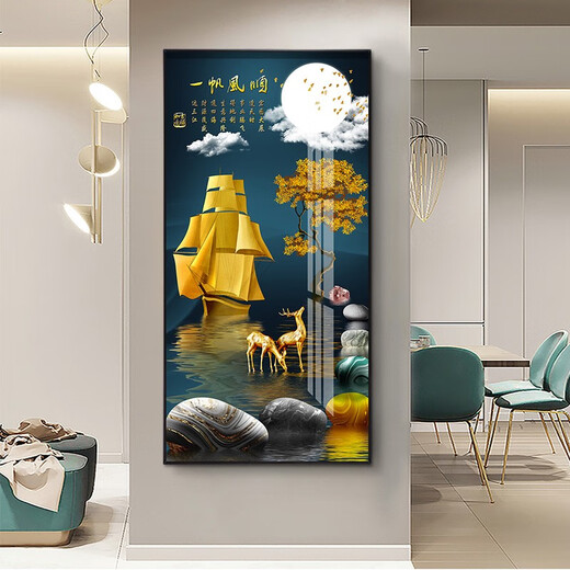Xiao Lulin Light luxury entrance decoration painting New Chinese style entrance painting aisle corridor mural Nordic abstract elk hanging painting crystal porcelain painting 14087 smooth sailing Diamond inlay painting 100*200 cool black (customized size)