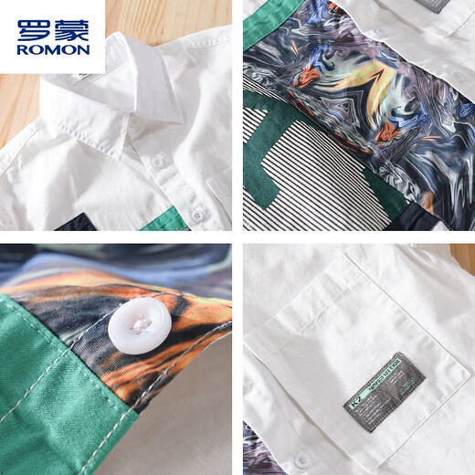 Romon pure cotton long-sleeved shirt men's spring and summer splicing trend casual loose comfortable color-blocking fashion handsome shirt trendy white XL reference 130-145Jin [Jin equals 0.5 kg]
