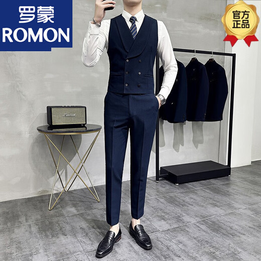 罗蒙（ROMON）双排扣马夹西服套装潮修身新郎伴郎兄弟团男马甲韩版商务休闲西裤 黑色马甲 L