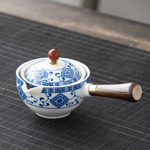 The lazy person's 360-degree fully automatic teapot, new Kung Fu tea set, side handle tea maker, travel portable Xiaoyao teapot, blue and white porcelain, single cup, 4 pieces