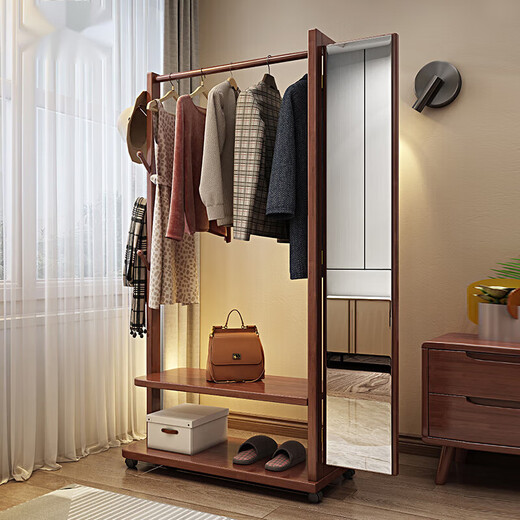 Baiyuda Massives Holz-Dressing-Spiegel-Gackträger integriertes bodengesteuertes Schlafzimmer Home Multifunktion Aufbewahrungsbügel in voller Länge in voller Länge Spiegelanpassungsspiegel 80 cm Walnussfarbe (der Spiegel öffnet und schließt linke und recht