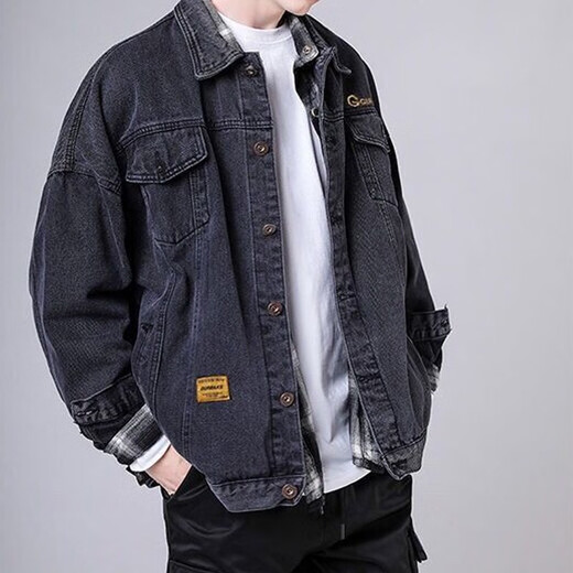 Elostenburg spring and autumn new jacket denim jacket men's Korean style trendy brand loose workwear Japanese clothes men's tops L22 black high-end customization L 105-125Jin Jin equals 0.5 kg