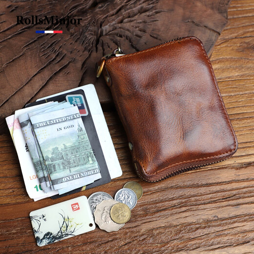 RollsMinjor genuine leather wallet men's short vertical handmade vegetable tanned head layer cowhide retro zipper wallet middle-aged and youth gift box Coffee color 9*2.5*12CM