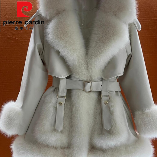 皮尔卡丹（pierre cardin）新款仿狐狸毛皮草外套女中长款海宁派克服年轻时尚大衣冬季显瘦女 米白色 M 100-115斤