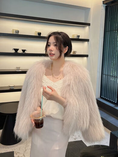 ANYIN加密双面编织貉子毛皮草外套女2023秋冬新款网红毛毛大衣短款洋气 杏色 均码