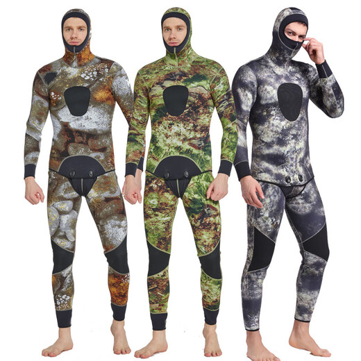 SBART 3MM rubber wetsuit split surf suit men's warm winter swimming long-sleeved one-piece swimsuit thickened jellyfish suit 1047 camouflage with hood XL