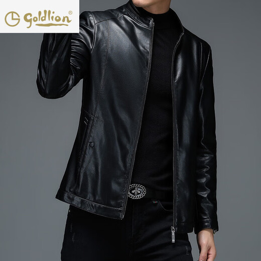 Goldlion official website flagship 2024 winter men's leather jacket middle-aged loose solid color stand-up collar leather jacket thickened warm casual b98-21770 black XXS m