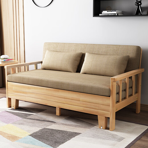 
Wooden Master simple solid wood sofa bed for small household apartment folding living room multi-function dual-purpose office balcony telescopic single bed with 1.5 m wide outer width, coconut brown cushion (please note the color of the cloth cover)