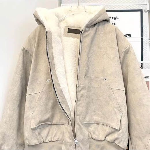 Yiran presents winter velvet thickened hooded cotton coat for men, old American high street retro youth sports warm trendy brand cotton coat, gray apricot L recommended 120-135 Jin Jin equals 0.5 kg