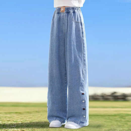 Ikano I.Karnow Girls Pantalones de pierna ancha Soft Denim Spring and Autumn Tennis Pantalones infantiles sueltos delgados de verano a mitad de larga duración 2025 Nuevo 13068 Azul [Estilo de primavera y otoño] 160