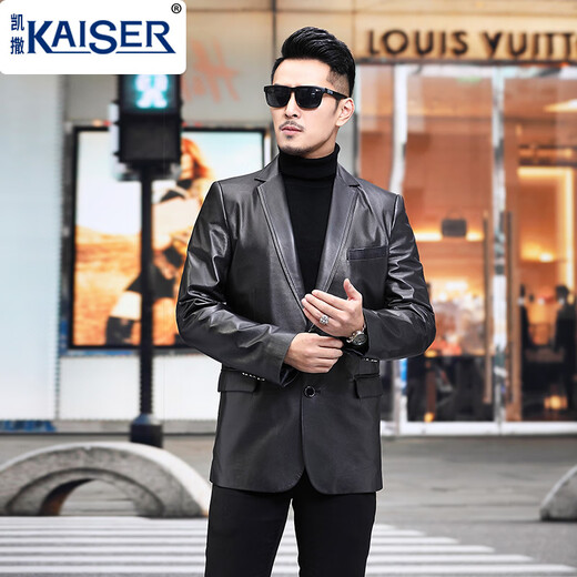 凯撒（KAISER）断码格子真皮西装领头层绵羊皮皮衣男外套西服两颗扣修身春秋休闲 黑色 50/XL