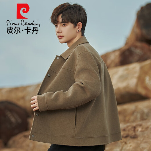 皮尔卡丹双面羊毛呢子外套男士春秋新款大衣短款高端轻奢休闲夹克男冬装厚 咖色 S 165
