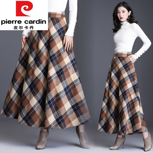 Pierre Cardin Woolen Wool Skirt Women's Plaid Spring and Autumn Long Skirt Large Swing Skirt High Waist Slim A-Line Skirt Umbrella Skirt Long Woolen Skirt Green Plaid