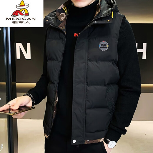 Scarecrow down cotton vest men's autumn and winter new warm jacket plus velvet thickened cotton coat outer sleeveless waistcoat vest 1906 black 2XL