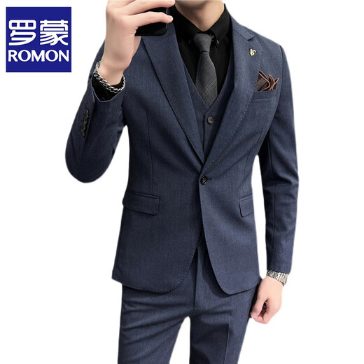 ROMON Groom's Suit Men's Three-piece Complete Set Korean Style Slim Temperament Business Casual Formal Wedding Groomsmen Dress SJT9931 Black 2XL
