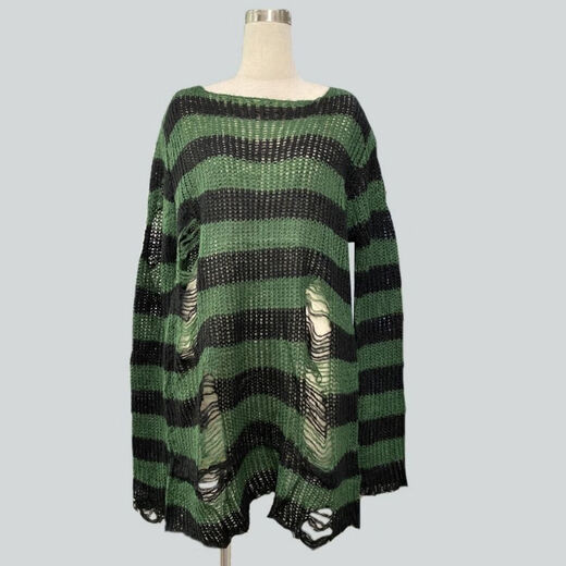 
Yuanle Shen mid-length punk dark versatile European and American ripped autumn and summer sweater for women couple stripes loose niche sweater new red one size