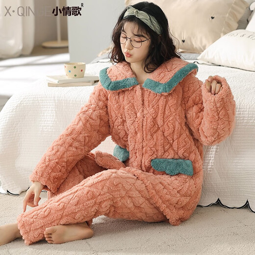 小情歌 冬季夹棉睡衣女加厚加绒三层珊瑚绒夹棉睡衣大码家居服套装女冬 MFBD12158 女装 M 女/身高152-165 体重80-100