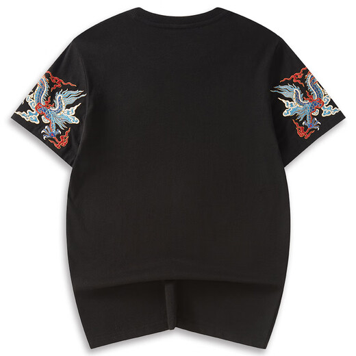 
Denon supreme short-sleeved T-shirt for men and women Chinese style brand summer loose national trend lion embroidered cotton top men's T-shirt T691 double dragon playing with beads black 2XL
