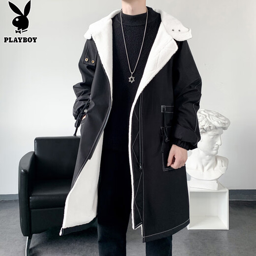 Playboy (PLAYBOY) windbreaker men's mid-length spring and autumn new high-end authentic trendy coat jacket men's hooded loose top men Z-401HHF262 black plus velvet L