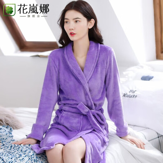 花岚娜（HUALANNA）秋冬季珊瑚绒睡袍女加厚中长款浴袍浴衣睡衣女士睡裙家居服法兰绒 大红睡袍Y702 L（适合85-130斤）