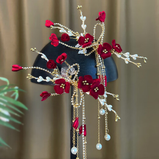 Bridal headdress, red hairpin, wedding dress, super fairy hair accessories, toasting suit, atmospheric forest style side clip for women, bridal flower hairpin set
