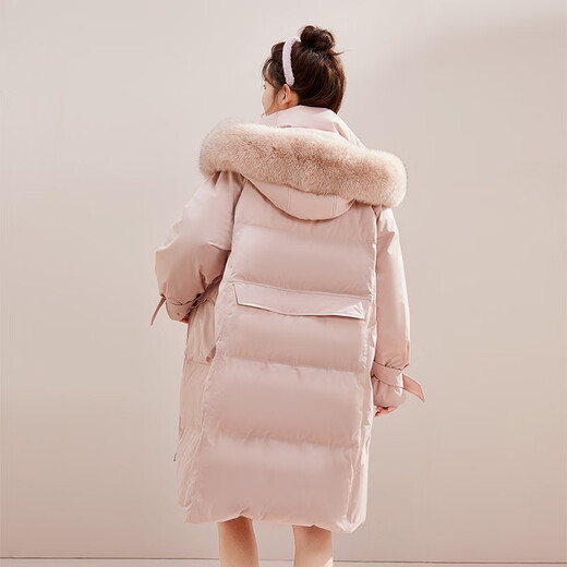 Snow Fly [Cheng Yi recommended] Fashionable fox fur collar cross ribbon warm big fur collar windproof women's down jacket Light velvet powder 1591 XS 155/80A
