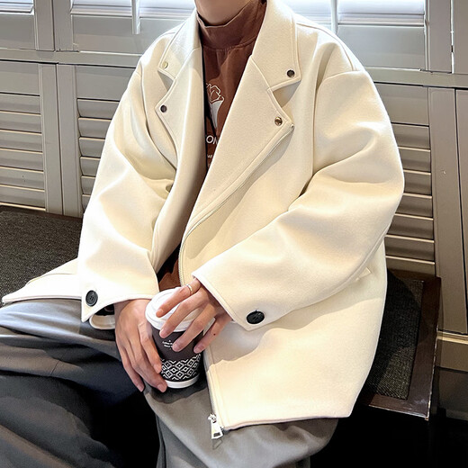 GQWWQX woolen windbreaker jacket for men in autumn and winter thickened yuppie Korean fashion brand loose short woolen coat off-white L