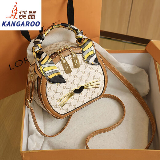 袋鼠（KANGAROO）千鸟格小圆包2024新款时尚百搭感小众圆形包手提斜挎小包包 KJ米白